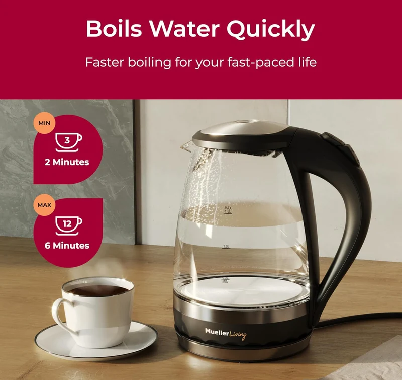 Glass Kettle 1.5L 1500W LED Light Electric Tea Kettle Automatic Shut-Off with SpeedBoil Tech and Boil-Dry Protection