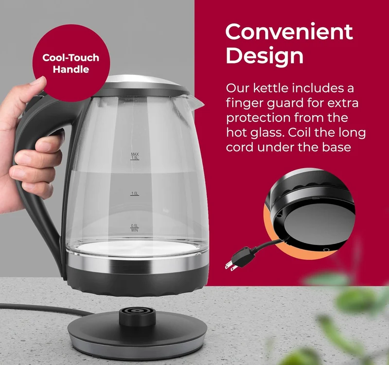 Glass Kettle 1.5L 1500W LED Light Electric Tea Kettle Automatic Shut-Off with SpeedBoil Tech and Boil-Dry Protection