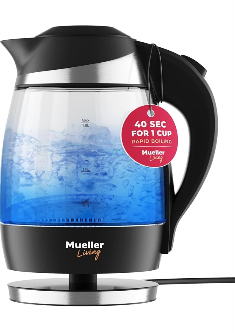 Electric Kettle, Electric Tea Kettle for Boiling Water, 1500W SpeedBoil with Automatic Shutoff, 1.8L Cordless with LED Light, Borosilicate Glass Tea Kettle Pot Water Heater, BPA Free