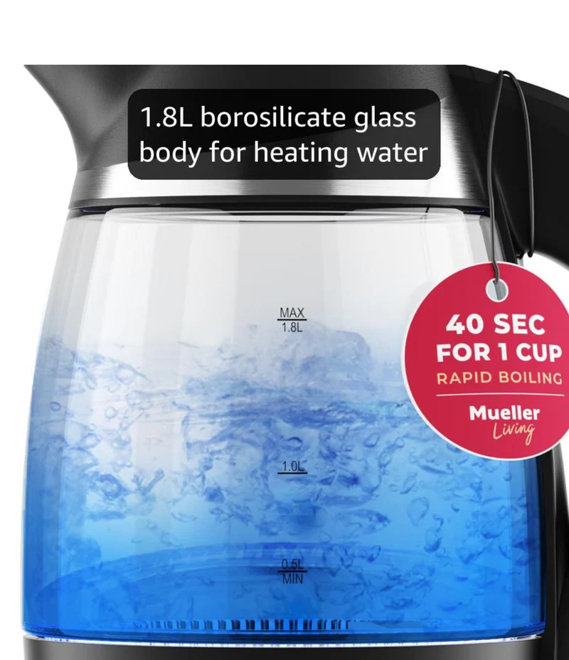 Electric Kettle, Electric Tea Kettle for Boiling Water, 1500W SpeedBoil with Automatic Shutoff, 1.8L Cordless with LED Light, Borosilicate Glass Tea Kettle Pot Water Heater, BPA Free
