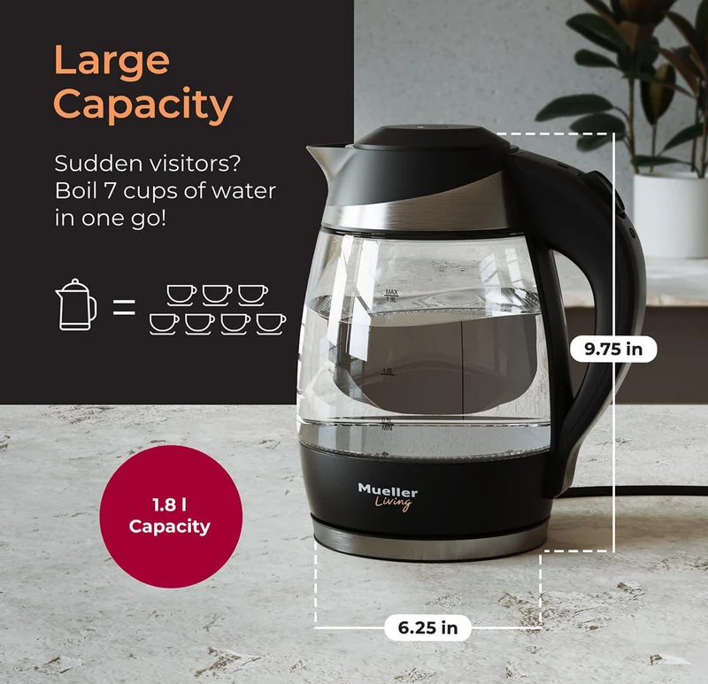 Electric Kettle, Electric Tea Kettle for Boiling Water, 1500W SpeedBoil with Automatic Shutoff, 1.8L Cordless with LED Light, Borosilicate Glass Tea Kettle Pot Water Heater, BPA Free