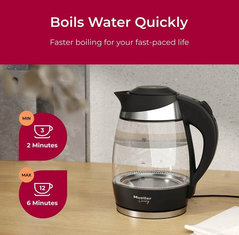 Electric Kettle, Electric Tea Kettle for Boiling Water, 1500W SpeedBoil with Automatic Shutoff, 1.8L Cordless with LED Light, Borosilicate Glass Tea Kettle Pot Water Heater, BPA Free