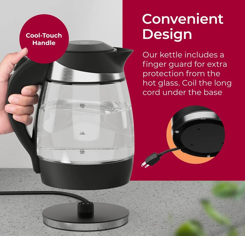 Electric Kettle, Electric Tea Kettle for Boiling Water, 1500W SpeedBoil with Automatic Shutoff, 1.8L Cordless with LED Light, Borosilicate Glass Tea Kettle Pot Water Heater, BPA Free