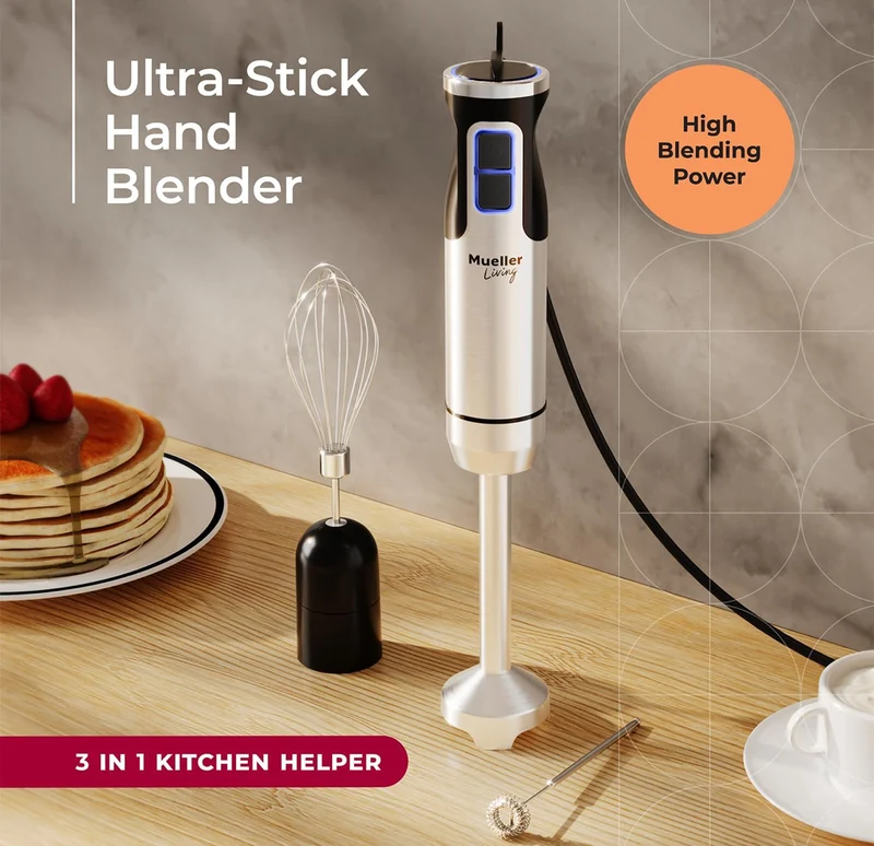 Ultra-Stick Immersion Hand Blender, 500W Heavy Duty Motor, 8-Speed Turbo Setting, Includes Blending Shaft, Whisk, Milk Frother & Measuring Beaker