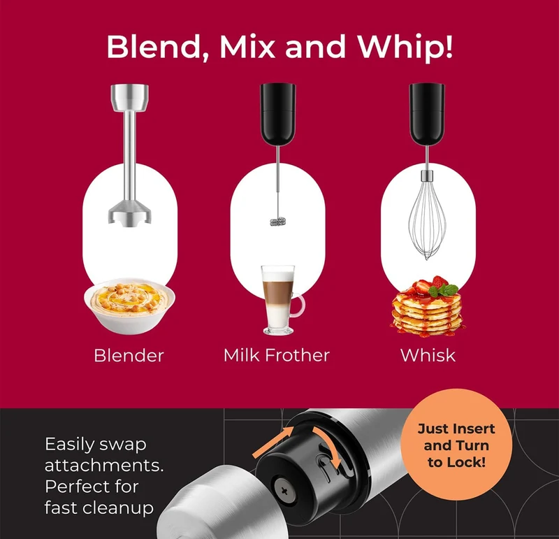 Ultra-Stick Immersion Hand Blender, 500W Heavy Duty Motor, 8-Speed Turbo Setting, Includes Blending Shaft, Whisk, Milk Frother & Measuring Beaker