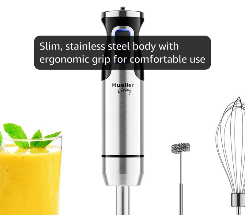 Ultra-Stick Immersion Hand Blender, 500W Heavy Duty Motor, 8-Speed Turbo Setting, Includes Blending Shaft, Whisk, Milk Frother & Measuring Beaker