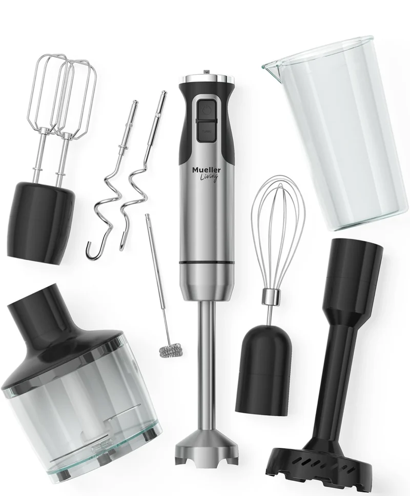 Immersion Hand Blender Full Set - 8 Speed Immersion Blender, Hand Mixer w/ 7 Attachments: Stainless Steel Blade, Whisk, Milk Frother, Beater, Mixing Hooks, Potato Masher, Chopper Bowl