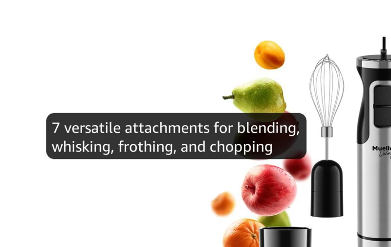Immersion Hand Blender Full Set - 8 Speed Immersion Blender, Hand Mixer w/ 7 Attachments: Stainless Steel Blade, Whisk, Milk Frother, Beater, Mixing Hooks, Potato Masher, Chopper Bowl