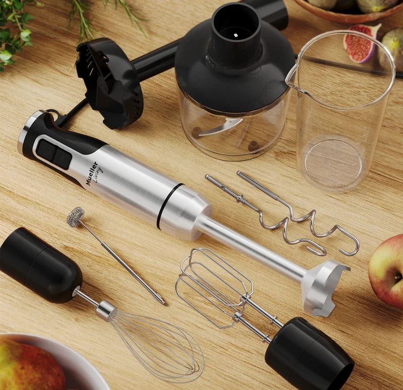 Immersion Hand Blender Full Set - 8 Speed Immersion Blender, Hand Mixer w/ 7 Attachments: Stainless Steel Blade, Whisk, Milk Frother, Beater, Mixing Hooks, Potato Masher, Chopper Bowl