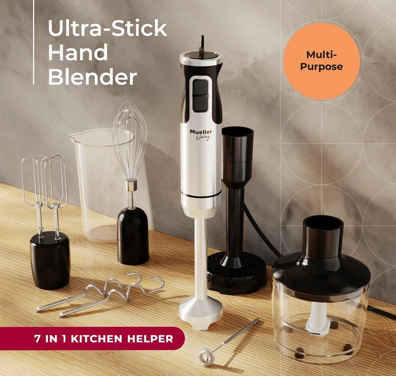 Immersion Hand Blender Full Set - 8 Speed Immersion Blender, Hand Mixer w/ 7 Attachments: Stainless Steel Blade, Whisk, Milk Frother, Beater, Mixing Hooks, Potato Masher, Chopper Bowl