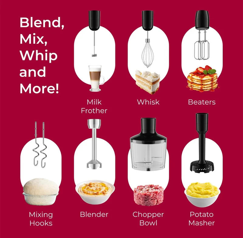 Immersion Hand Blender Full Set - 8 Speed Immersion Blender, Hand Mixer w/ 7 Attachments: Stainless Steel Blade, Whisk, Milk Frother, Beater, Mixing Hooks, Potato Masher, Chopper Bowl