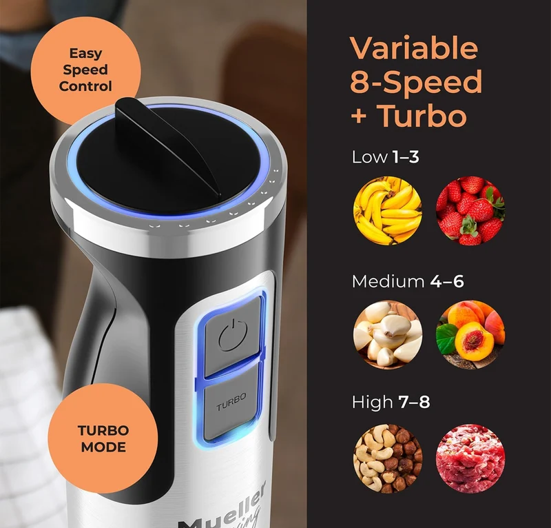 Immersion Hand Blender Full Set - 8 Speed Immersion Blender, Hand Mixer w/ 7 Attachments: Stainless Steel Blade, Whisk, Milk Frother, Beater, Mixing Hooks, Potato Masher, Chopper Bowl