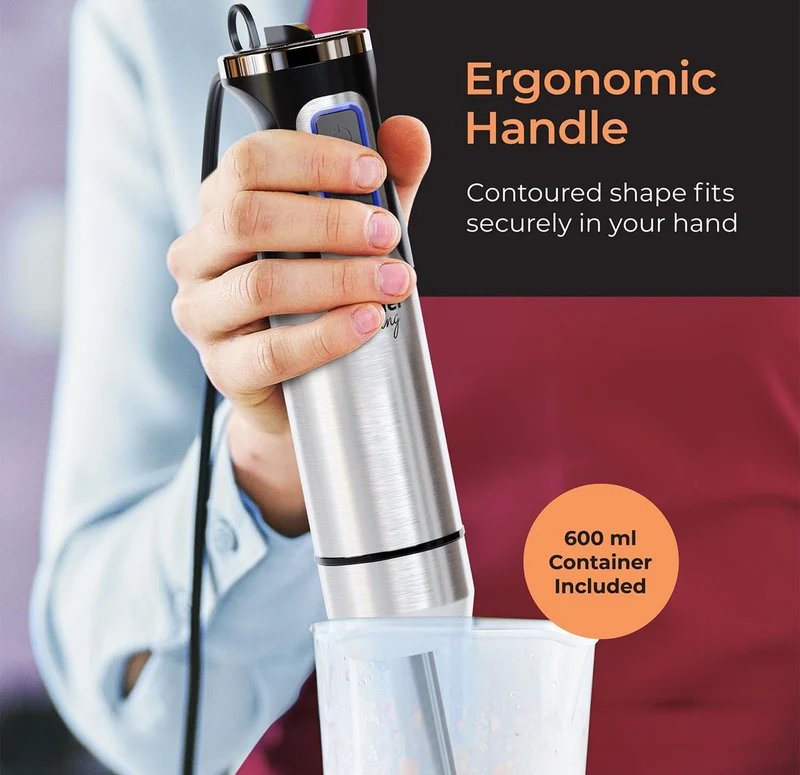 Immersion Hand Blender Full Set - 8 Speed Immersion Blender, Hand Mixer w/ 7 Attachments: Stainless Steel Blade, Whisk, Milk Frother, Beater, Mixing Hooks, Potato Masher, Chopper Bowl