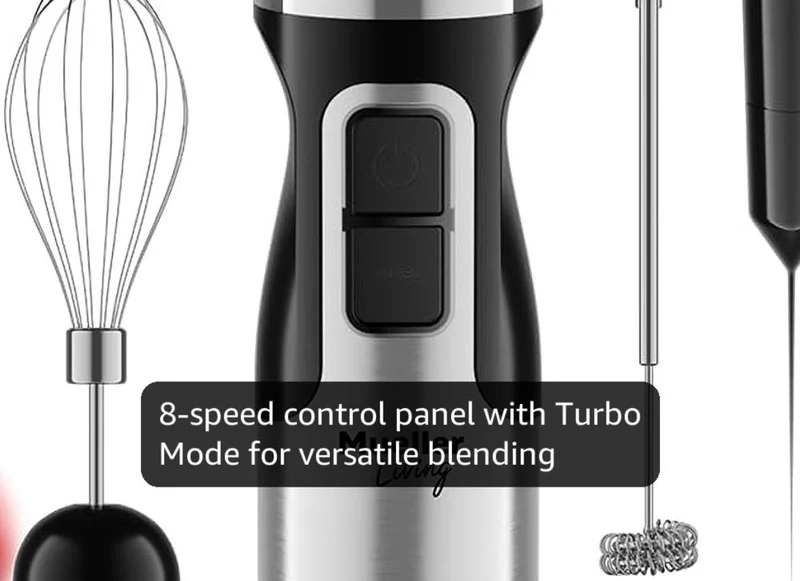 Immersion Hand Blender Full Set - 8 Speed Immersion Blender, Hand Mixer w/ 7 Attachments: Stainless Steel Blade, Whisk, Milk Frother, Beater, Mixing Hooks, Potato Masher, Chopper Bowl
