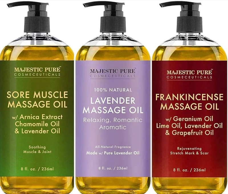 Pure Sore Muscle Massage Oil, Lavender Massage Oil & Frankincense Massage Oil Bundle – (8 fl oz / Each)