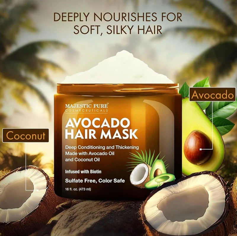 Pure Avocado and Coconut Hair Mask for Dry Damaged Hair - Infused with Biotin - Deep Conditioning, Hair Thickening, for Healthy Hydrated Hair, Sulfate Free (16 fl oz)