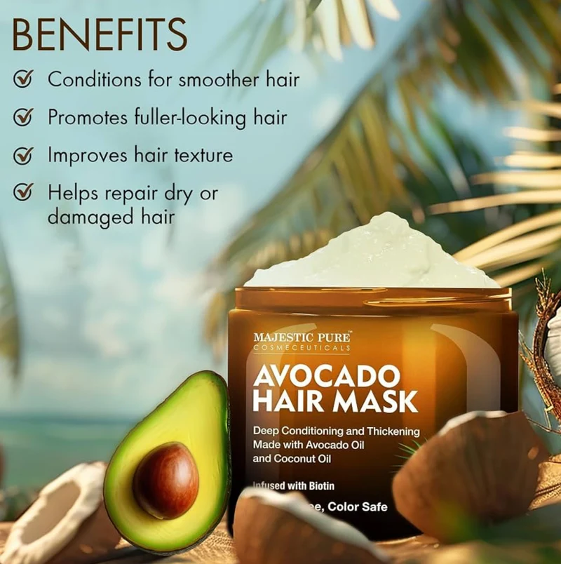 Pure Avocado and Coconut Hair Mask for Dry Damaged Hair - Infused with Biotin - Deep Conditioning, Hair Thickening, for Healthy Hydrated Hair, Sulfate Free (16 fl oz)