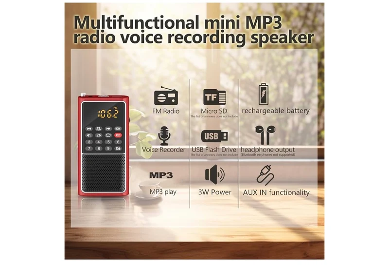 Mini Portable FM Radio USB Player, TF/SD Card/USB Slot Support Mp3 Play Rec,Pocket Walkman Small Radio with Lock Key,Wristband,Rechargeable Battery Operated, Excellent Reception and Sound - (Red)