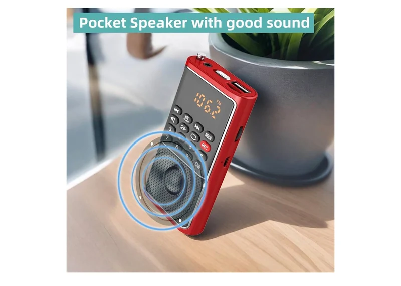 Mini Portable FM Radio USB Player, TF/SD Card/USB Slot Support Mp3 Play Rec,Pocket Walkman Small Radio with Lock Key,Wristband,Rechargeable Battery Operated, Excellent Reception and Sound - (Red)