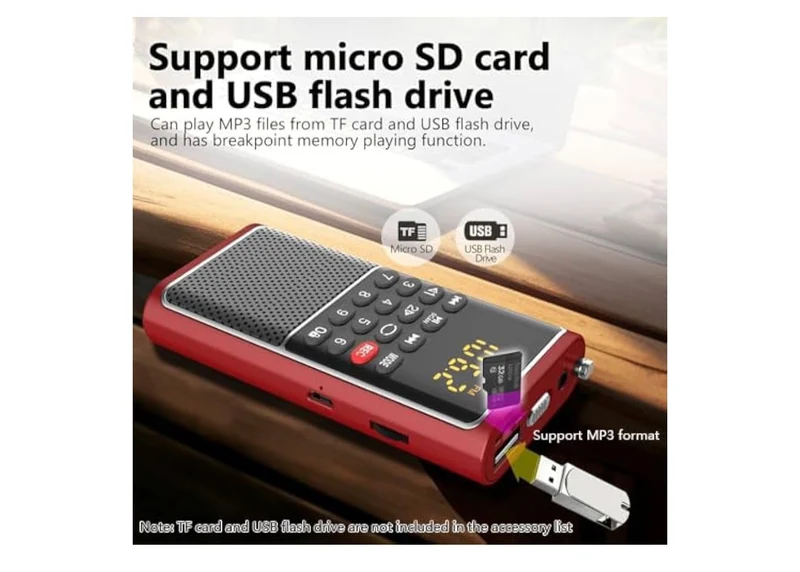 Mini Portable FM Radio USB Player, TF/SD Card/USB Slot Support Mp3 Play Rec,Pocket Walkman Small Radio with Lock Key,Wristband,Rechargeable Battery Operated, Excellent Reception and Sound - (Red)