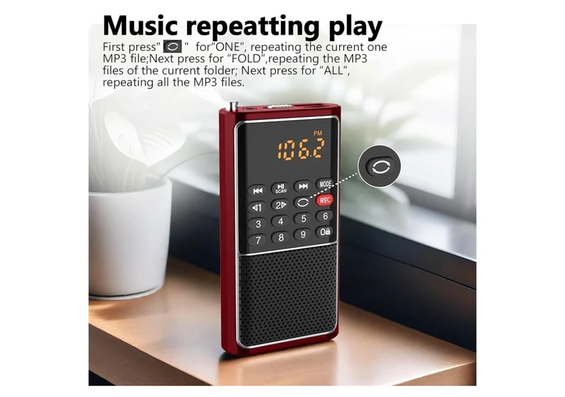 Mini Portable FM Radio USB Player, TF/SD Card/USB Slot Support Mp3 Play Rec,Pocket Walkman Small Radio with Lock Key,Wristband,Rechargeable Battery Operated, Excellent Reception and Sound - (Red)