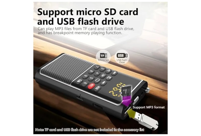Mini Portable FM Radio USB Player, TF/SD Card/USB Slot Support Mp3 Play Rec,Pocket Walkman Small Radio with Lock Key,Wristband,Rechargeable Battery Operated, Excellent Reception and Sound - (Black)