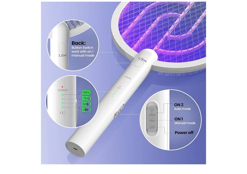 Electric Fly Swatter, 4000V 2-in-1 Mosquito Killer Lamp, USB Rechargeable with 5-Layer Safety Net, Cordless Insect Killer Trap Home Office Camping Patio