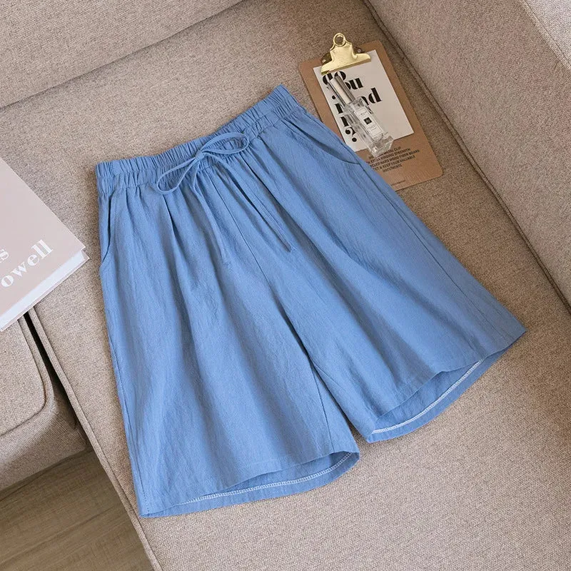Short en Coton Ample à Taille Élastique avec Cordon