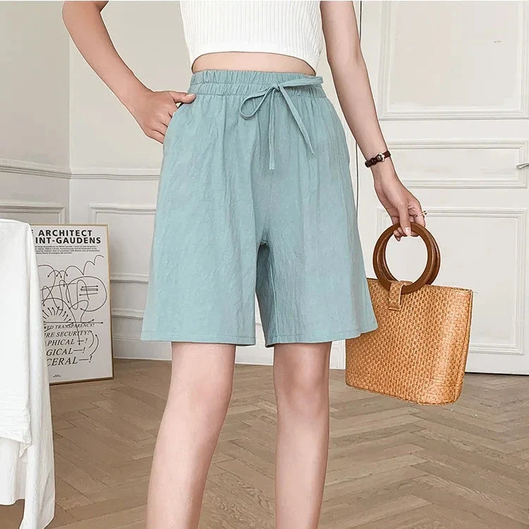 Short en Coton Ample à Taille Élastique avec Cordon