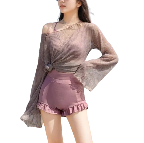 Maillot de Bain 3PC Shorty à Volant avec Top en Maille