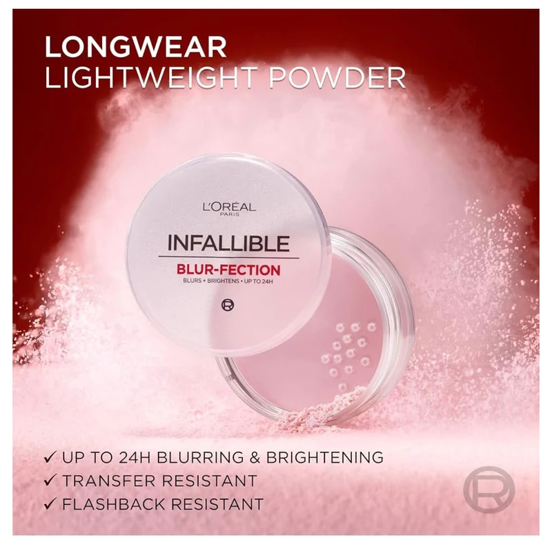 L'Oreal Paris Infallible Blur-fection Longwear Loose Setting Powder, Blurring Face Powder w/ Up to 24HRs of Wear - Brightening Light Pink (1 Kit)
