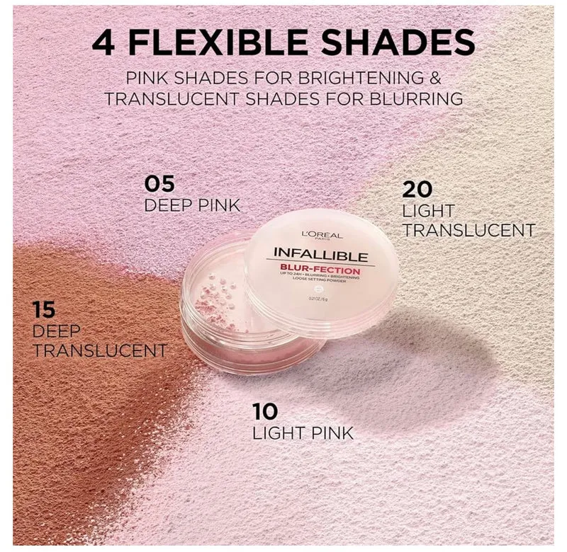 L'Oreal Paris Infallible Blur-fection Longwear Loose Setting Powder, Blurring Face Powder w/ Up to 24HRs of Wear - Brightening Light Pink (1 Kit)