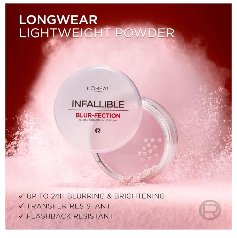 L'Oreal Paris Infallible Blur-fection Longwear Loose Setting Powder, Blurring Face Powder w/ Up to 24HRs of Wear - Brightening Deep Pink (1 Kit)