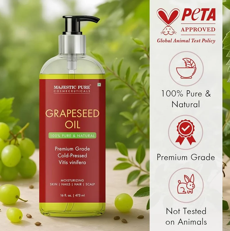 Pure Grapeseed Oil - 100% Pure & Natural - Premium Grade, Cold-Pressed, Hexane-Free Carrier Oil for Skin, Hair and Body - Moisturizing Skin, Hair and Scalp - 16 Fl Oz