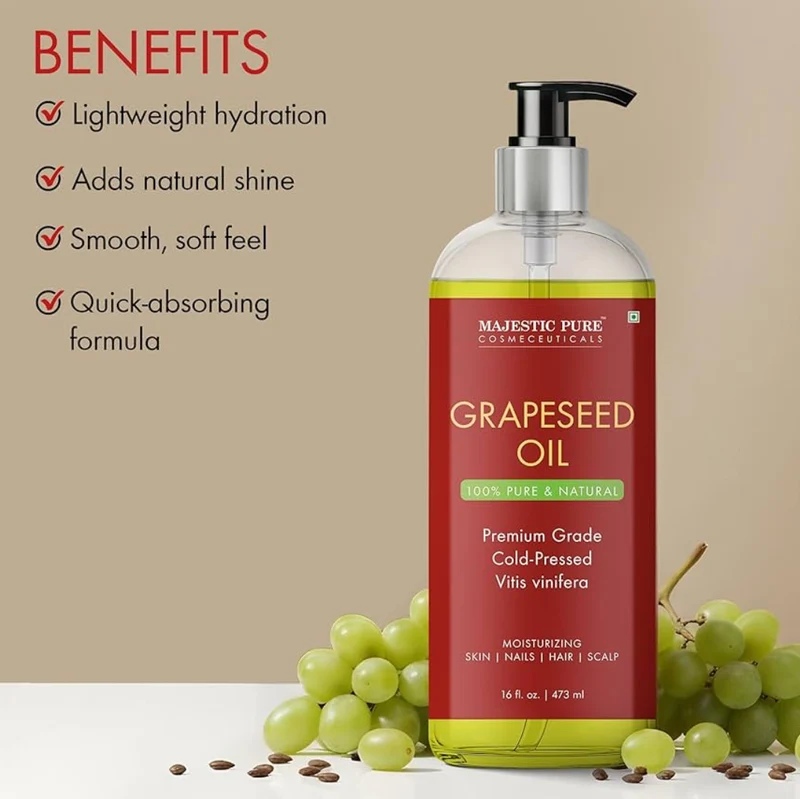 Pure Grapeseed Oil - 100% Pure & Natural - Premium Grade, Cold-Pressed, Hexane-Free Carrier Oil for Skin, Hair and Body - Moisturizing Skin, Hair and Scalp - 16 Fl Oz