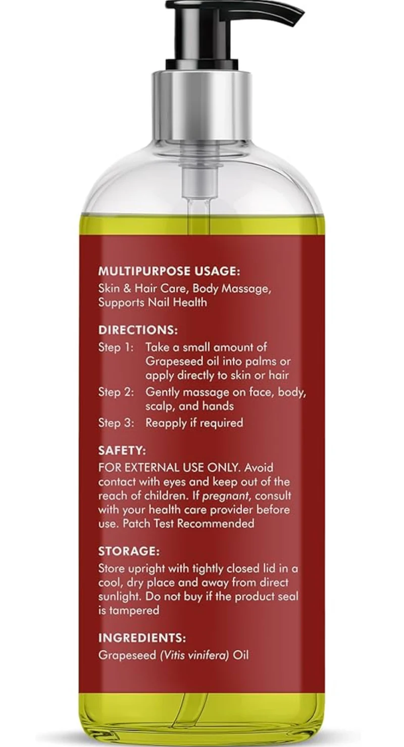 Pure Grapeseed Oil - 100% Pure & Natural - Premium Grade, Cold-Pressed, Hexane-Free Carrier Oil for Skin, Hair and Body - Moisturizing Skin, Hair and Scalp - 16 Fl Oz
