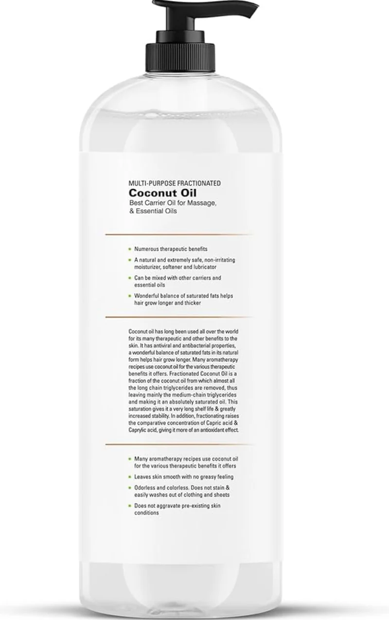 Pure Fractionated Coconut Oil – Lightweight Liquid Carrier Oil for Essential Oils, Massage, Skin, Hair & DIY Personal Care Applications -16 Fl Oz