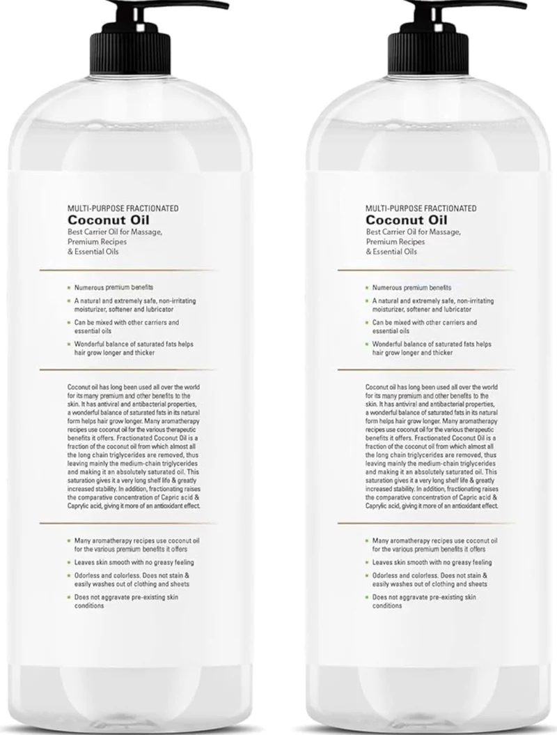 Pure Fractionated Coconut Oil - Relaxing Massage Oil, Liquid Carrier Oil for Diluting Essential Oils - Skin, Lip, Body & Hair Oil Moisturizer & Softener - 16 fl oz (Pack of 2)