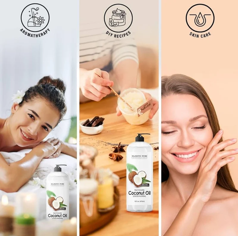 Pure Fractionated Coconut Oil - Relaxing Massage Oil, Liquid Carrier Oil for Diluting Essential Oils - Skin, Lip, Body & Hair Oil Moisturizer & Softener - 16 fl oz (Pack of 2)