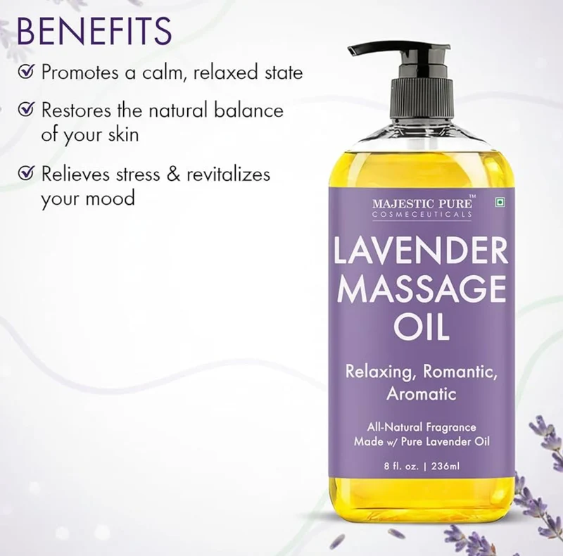 PURE Lavender Massage Oil for Massage Therapy - Refreshing, and Relaxing - Natural Oils with Lavender Essential Oil - for All Skin Types - Men and Women Massage Lotion - 8 fl oz