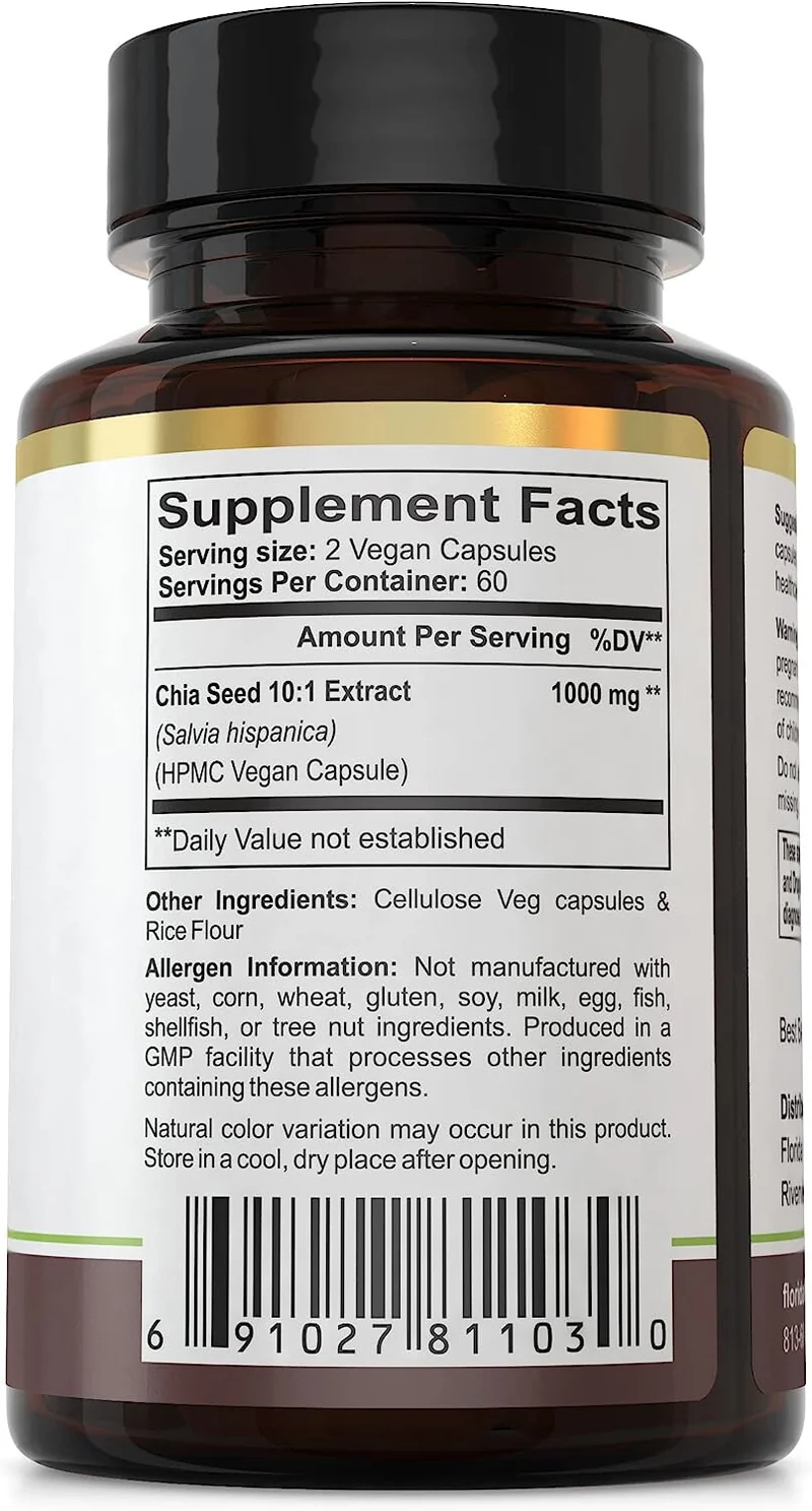 Chia Seed Extract Capsules 10:1 (120 Capsules) 500 mg per Capsule, 1000 mg Serv