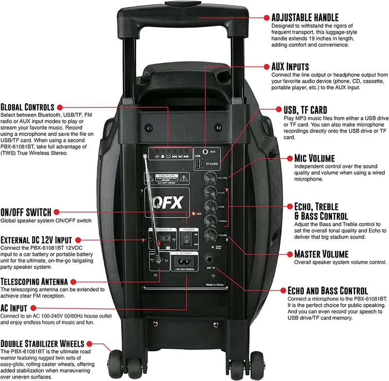 Rechargeable Portable Speaker | 8" Woofer | 2,600 Watts | Bluetooth, AUX - BLUE