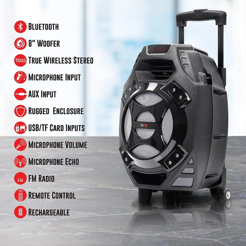 Rechargeable Portable Speaker | 8" Woofer | 2,600 Watts | Bluetooth, AUX -SILVER