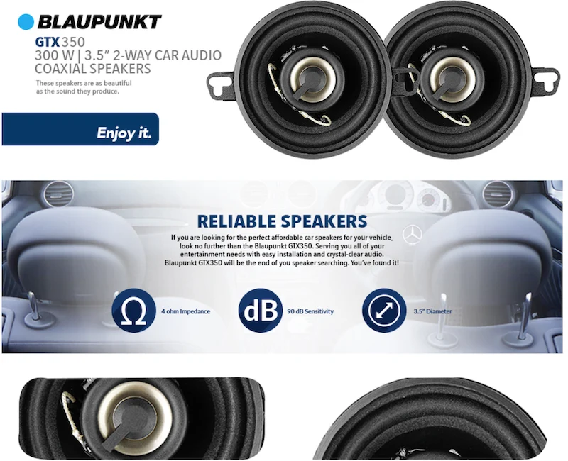 Blaupunkt GTX350 3.5" 2-WAY 200W MAX Power Car Audio Coaxial Speakers (2 PACK)