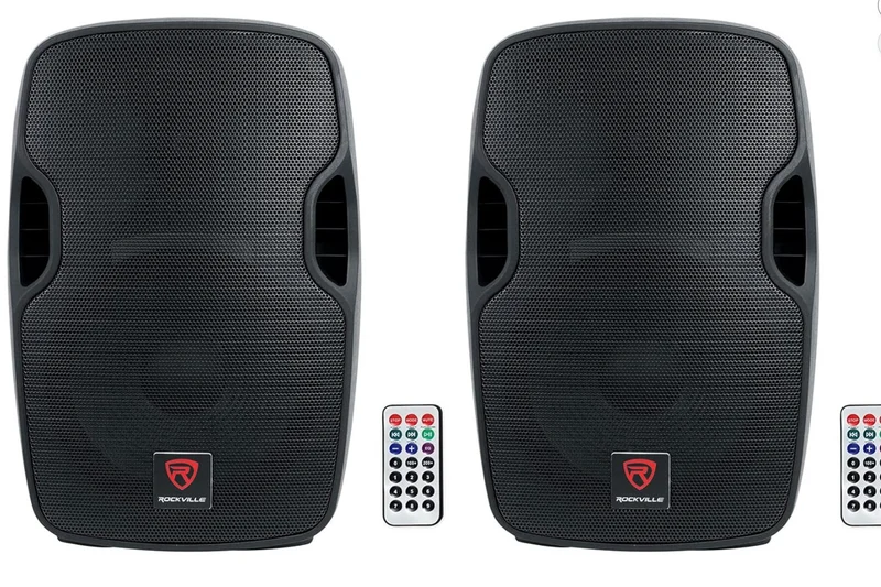 (2) Rockville BPA12 12"Powered Active DJ PA Speaker with Bluetooth, USB, SD, FM Radio, LCD, Stand Mountable, for Events and Performances