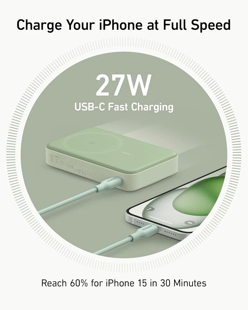 Power Bank, Qi2 Certified 15W Ultra-Fast MagSafe-Compatible Portable Charger, 10,000mAh Battery Pack with Smart Display and Foldable Stand - Green (Copy)