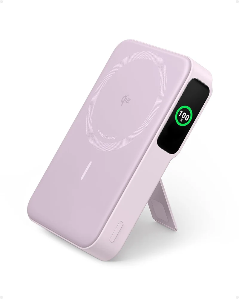 MagGo Power Bank, Qi2 Certified 15W Ultra-Fast MagSafe-Compatible Portable Charger, 10,000mAh Battery Pack with Smart Display and Foldable Stand - Violet