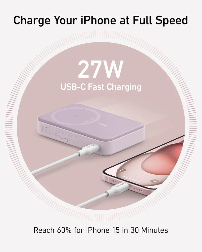 MagGo Power Bank, Qi2 Certified 15W Ultra-Fast MagSafe-Compatible Portable Charger, 10,000mAh Battery Pack with Smart Display and Foldable Stand - Violet