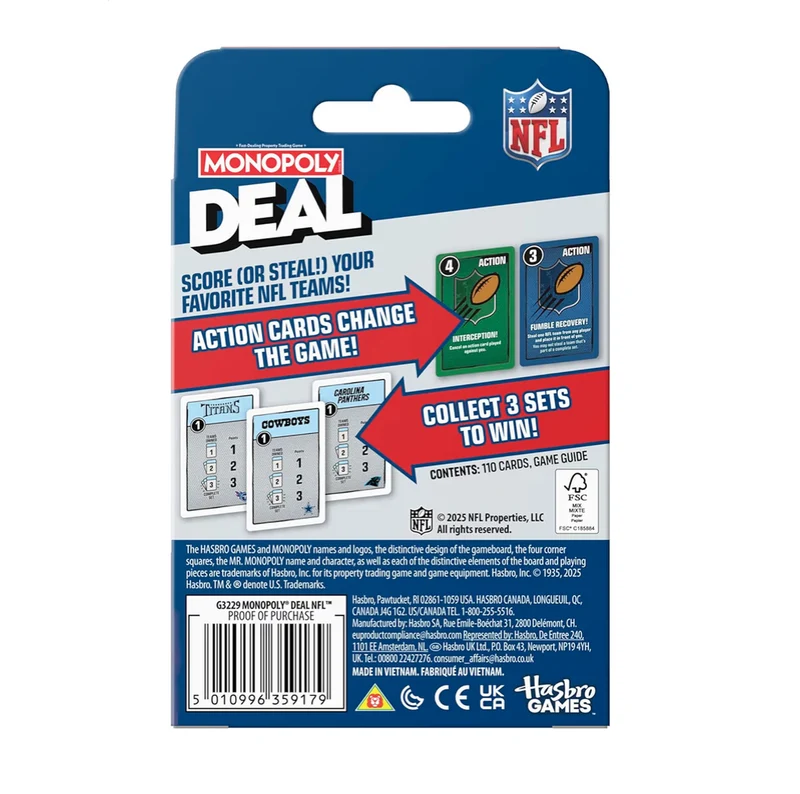 Monopoly Deal NFL Edition Game for Families and Kids | Ages 8+ | 2-5 Players | 15 Mins.