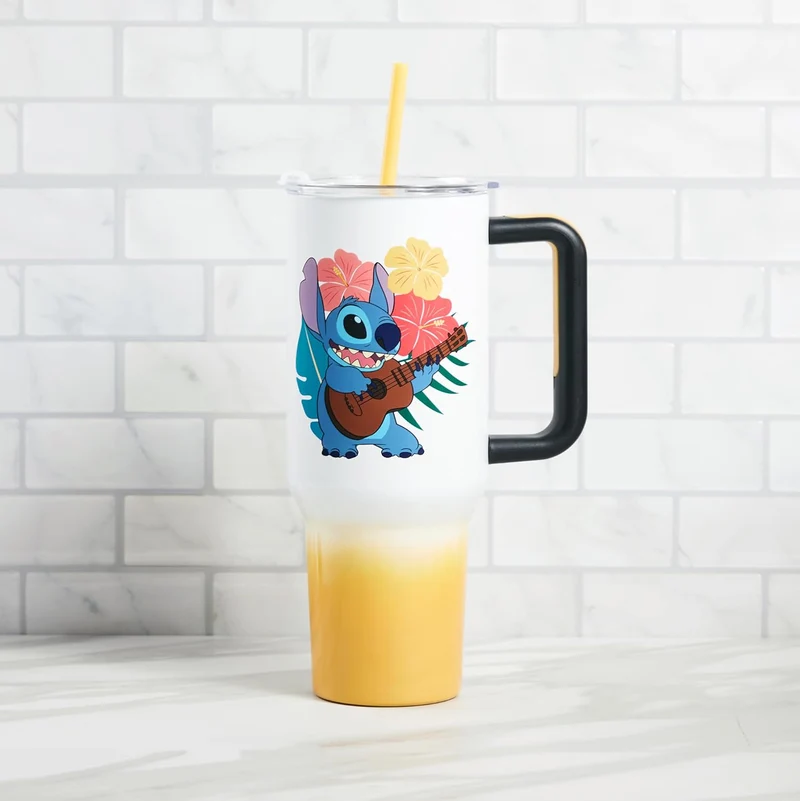 Insulated Stainless Steel Tumbler w/ Reusable Straw & Leak-Proof Lid Easy Carry Handle 40oz (Stitch)